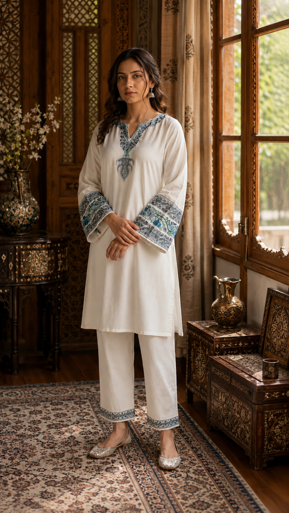 Off White Cotton Embroidered Co-ord Set(42)