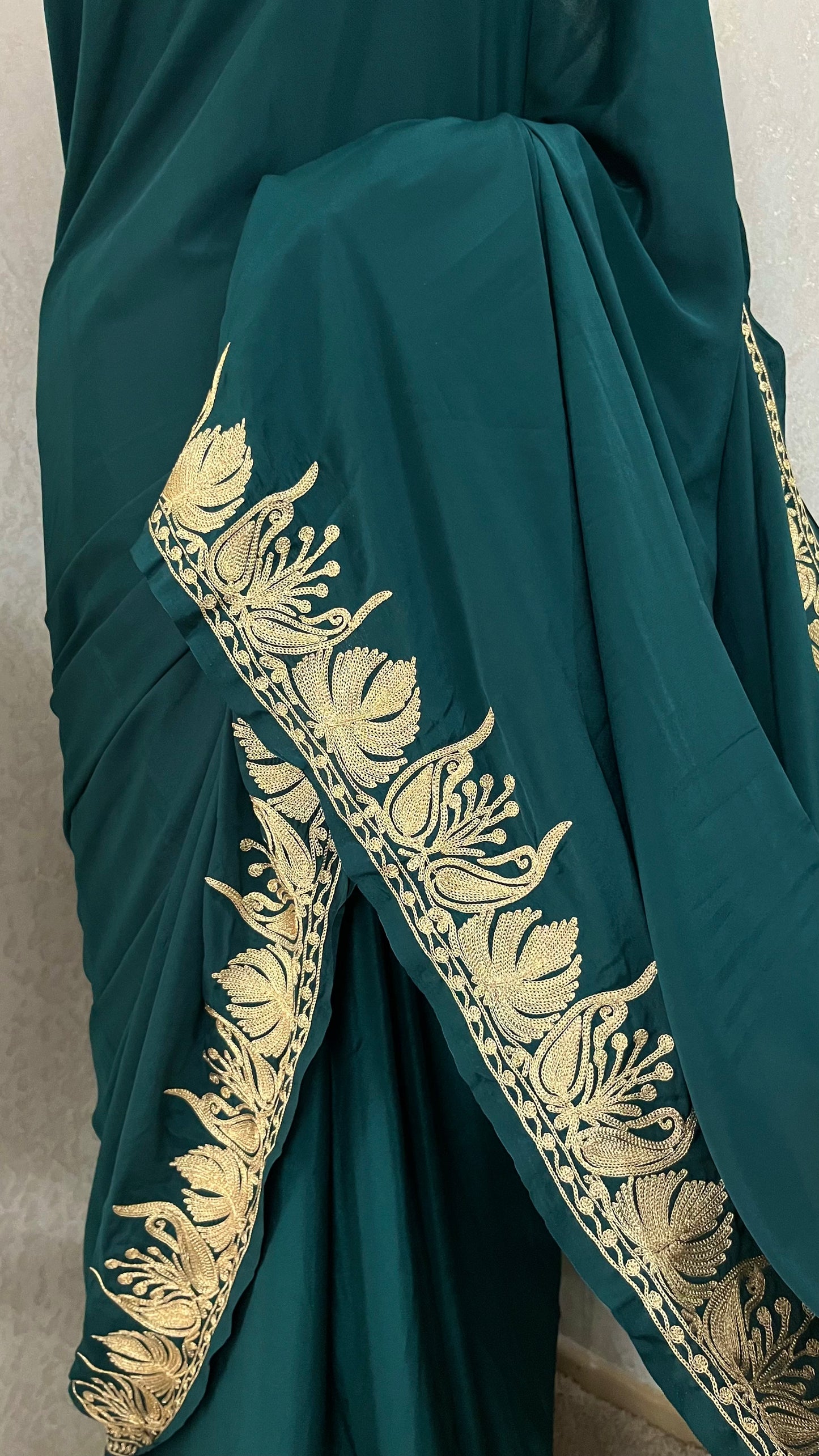 Green Crape Kashmiri Tilla Saree