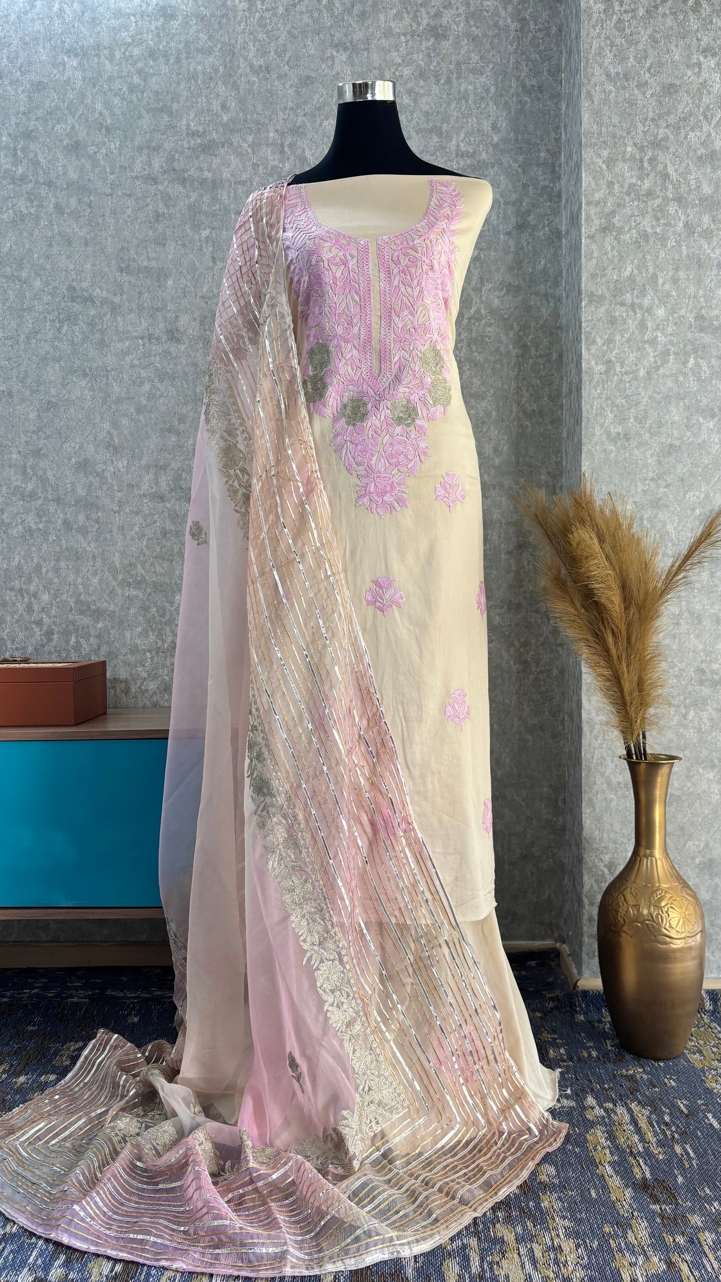 Ivory Satin Cotton Kashmiri Suit