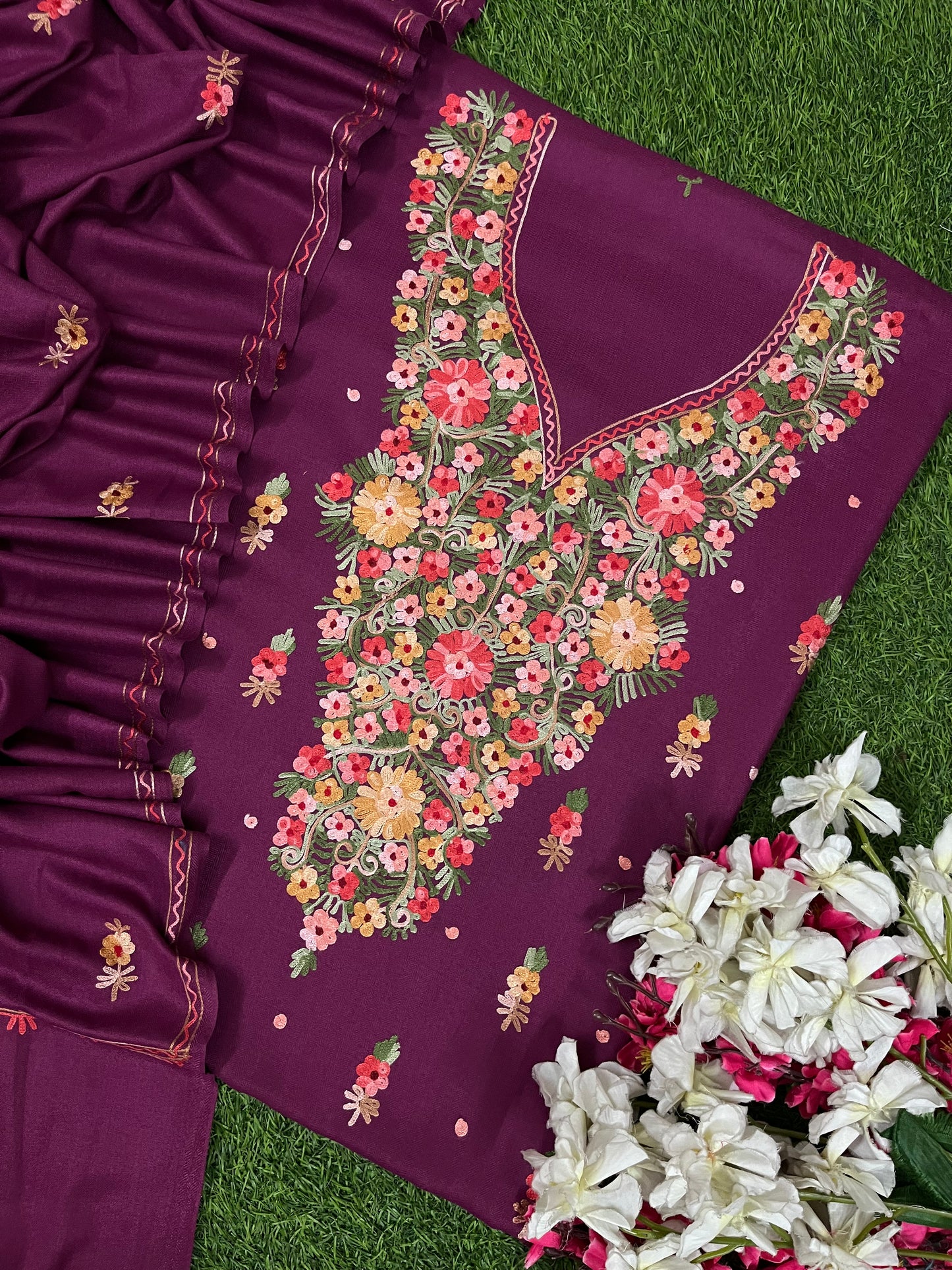 Wine Woollen Aari Embroidered 3pc suit
