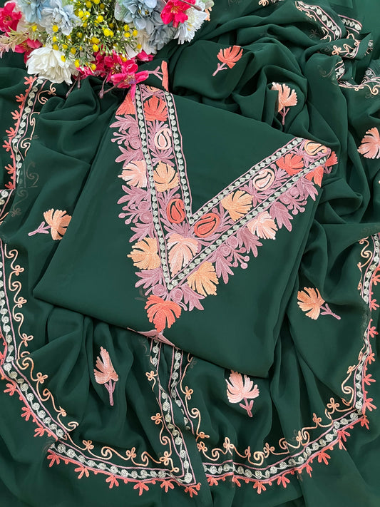 Bottle Green Georgette 3 Pc Aari Embroidered Suit Set