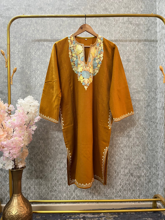 Mustard Yellow Aari Embroidered Wool Pheran