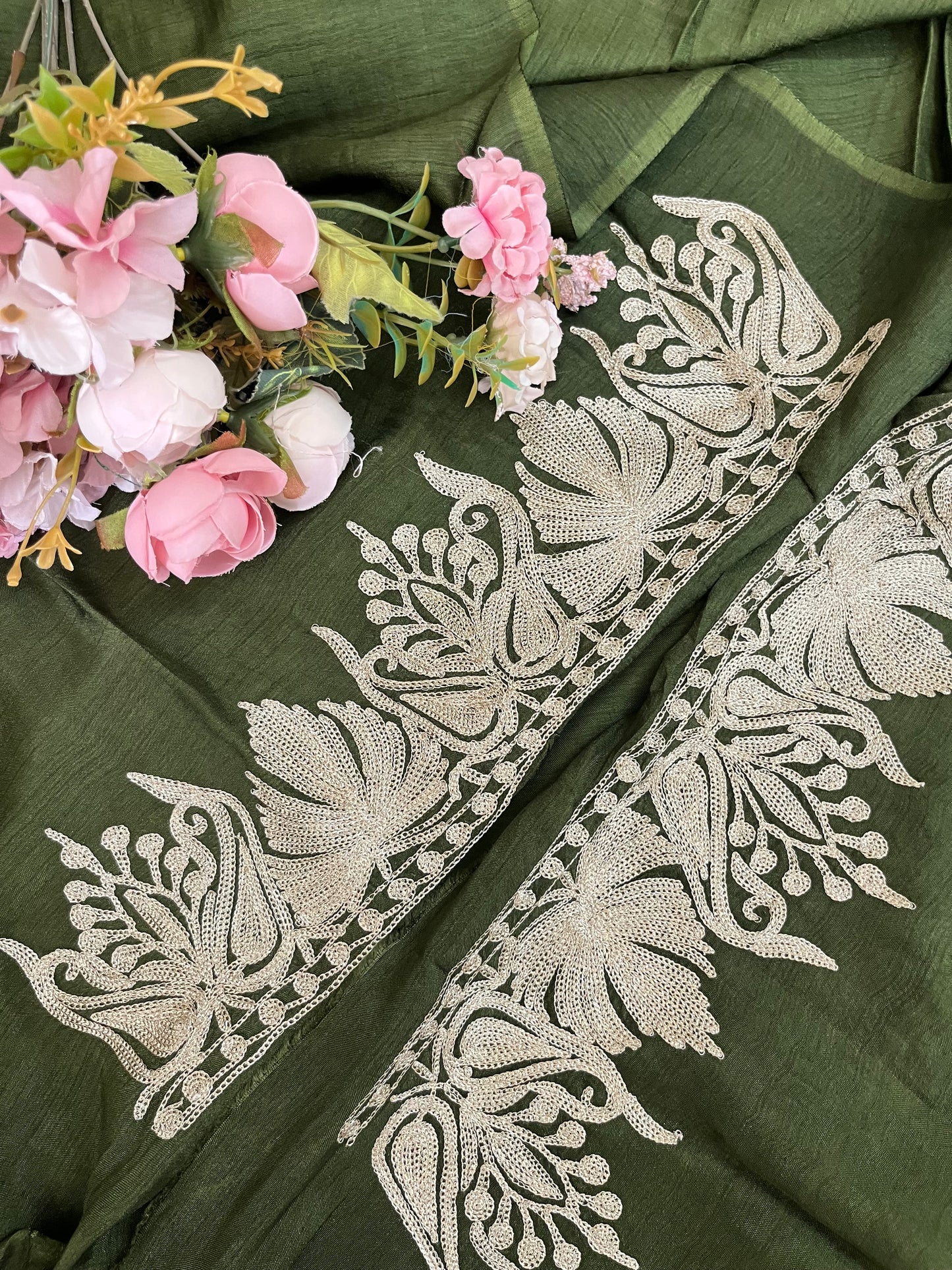 Sanam Army Green Silk Kashmiri Suit