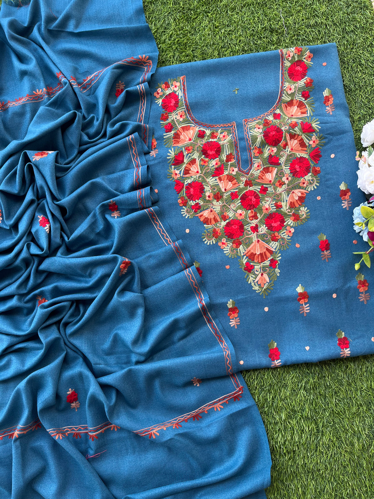 Peacock Blue Woollen Aari Embroidered 3pc suit