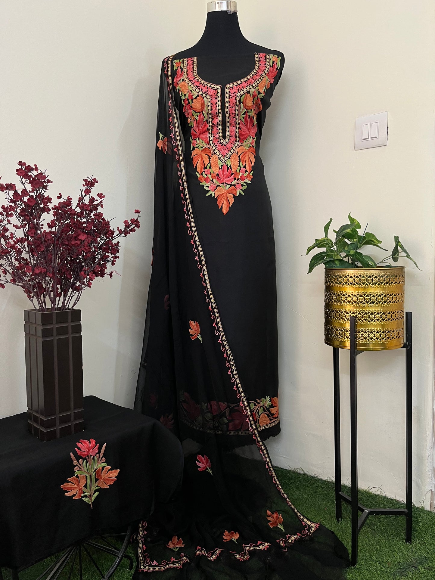 Black Opada Silk Aari Embroidered Suit material