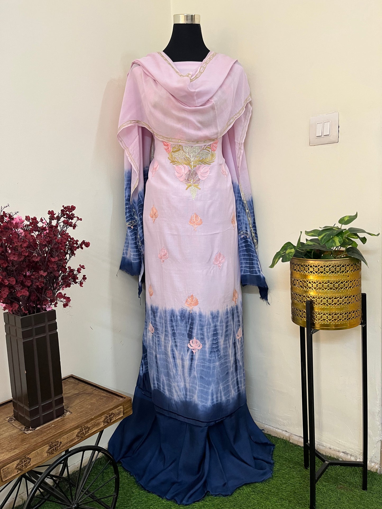 Pink Mul Cotton Shibori Work Kashmiri 3pc Suit