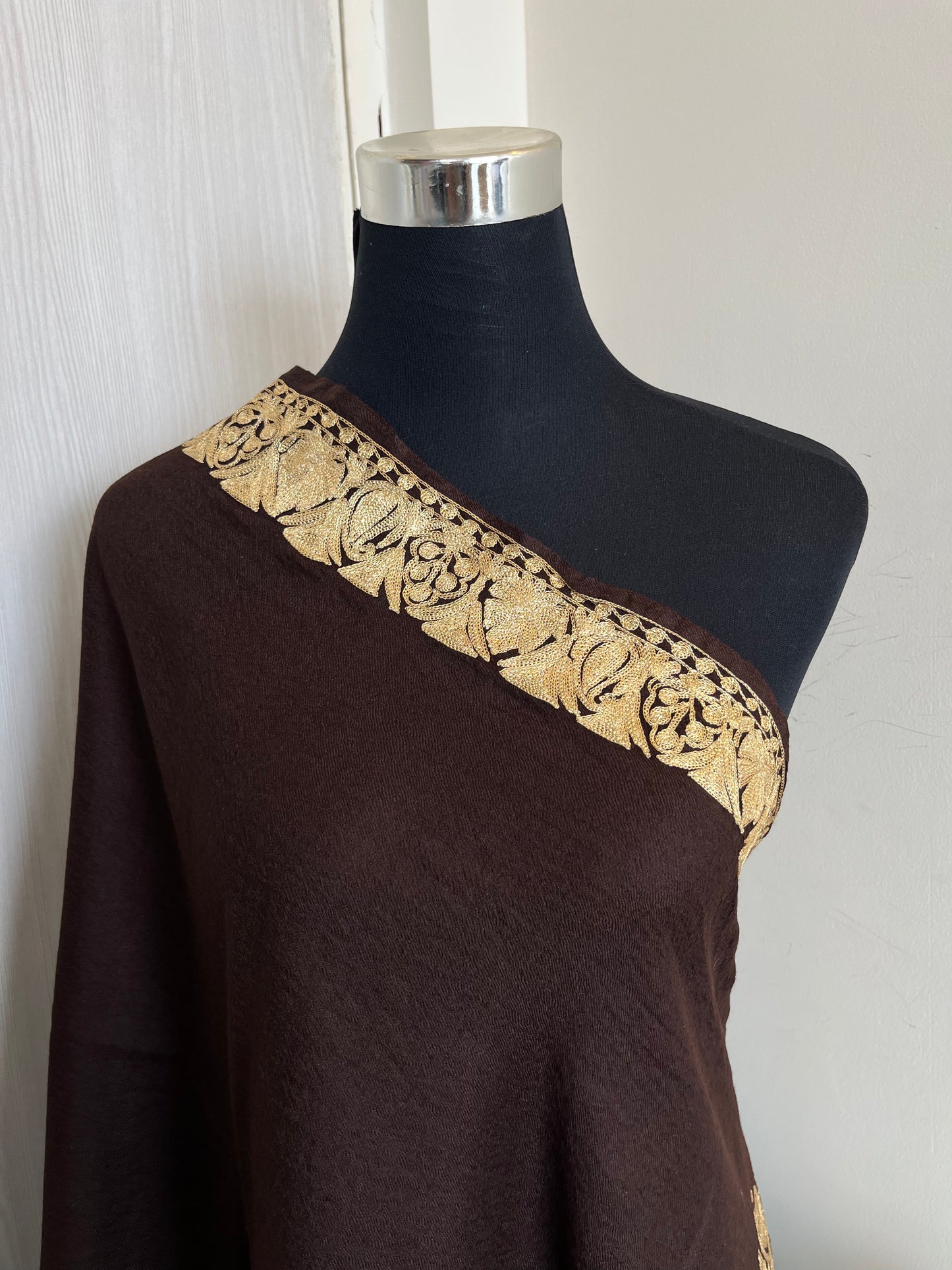 Coffee Brown Fine Semi Pashmina Tilla Embroidered stole