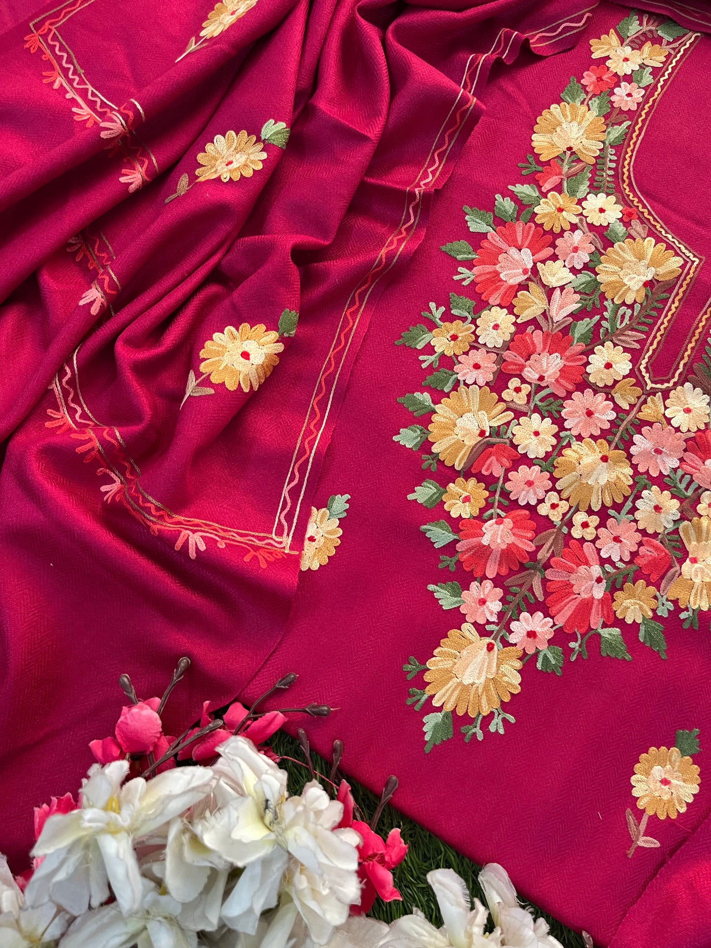 Hot pink Woollen Aari Embroidered 3pc suit