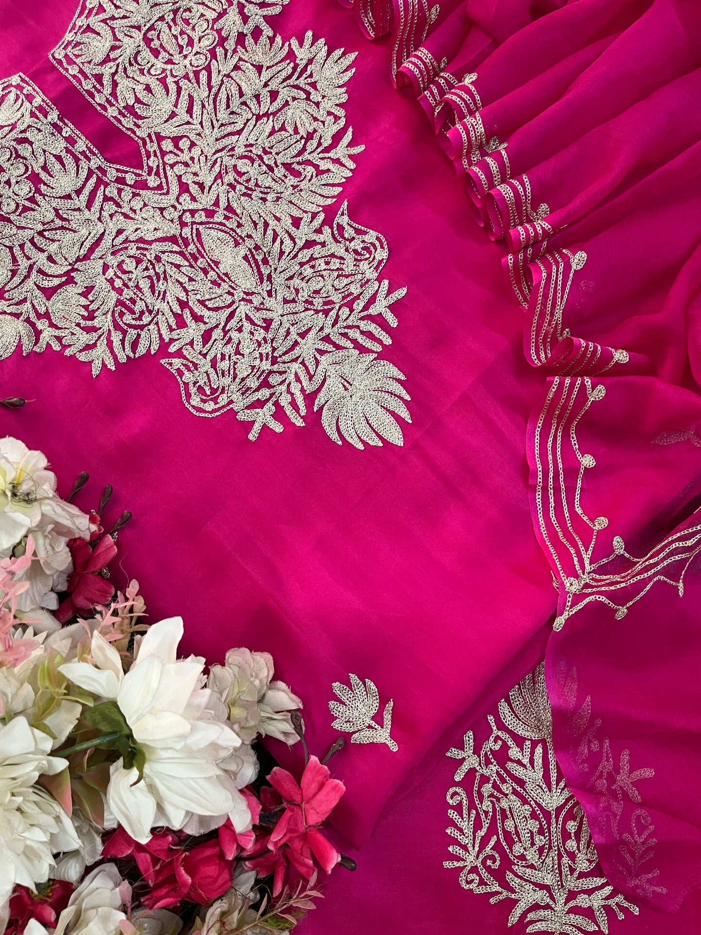 Hot Pink Silk Tilla Kashmiri Suit