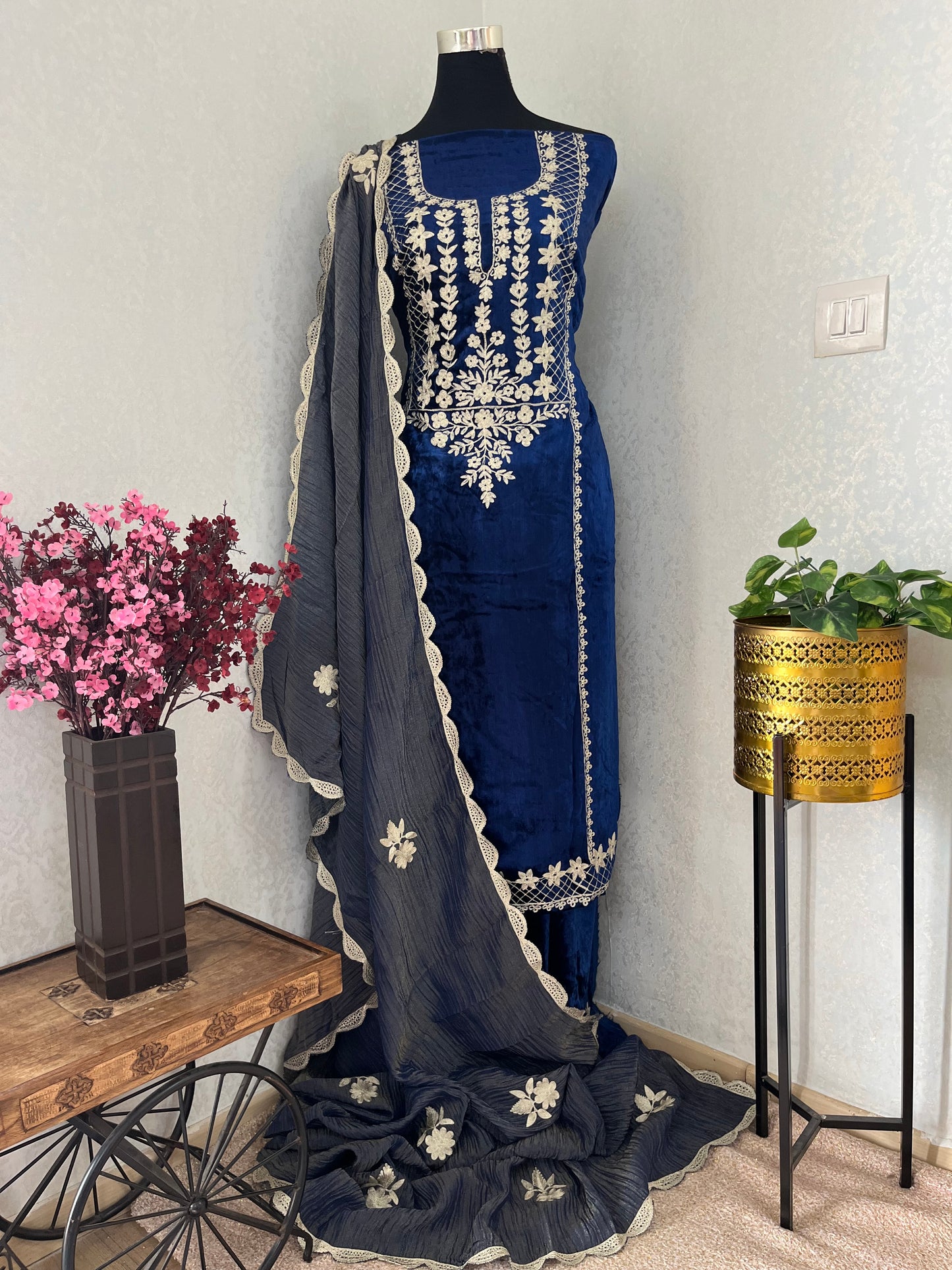 Navy Blue Tilla Pure Makhmal 3pc Suit