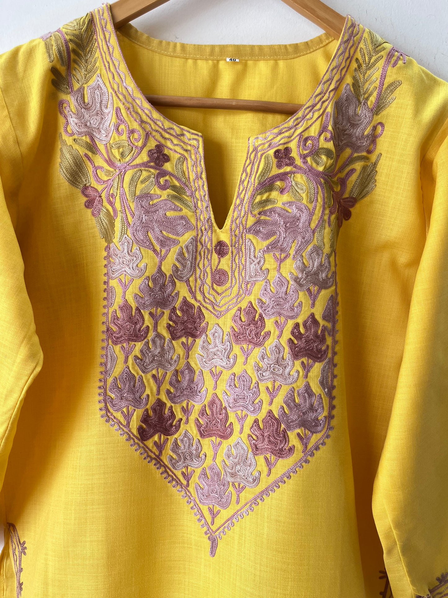 Yellow Cotton Aari Work Kurta