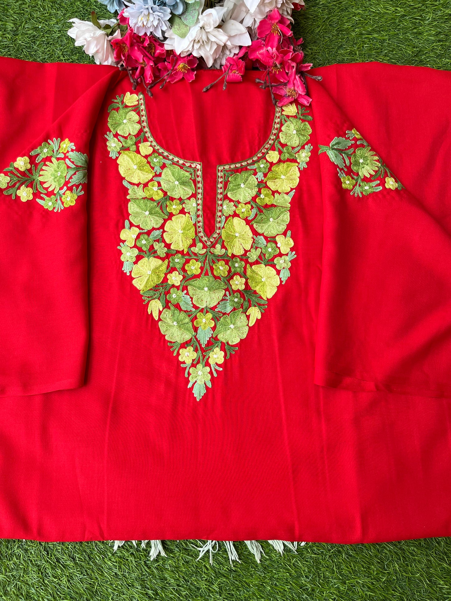 Red Aari Embroidered Cotton Suit Set