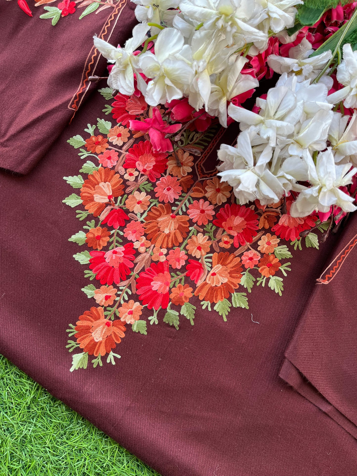 Brown Woollen Aari Embroidered 2pc suit 5mtr