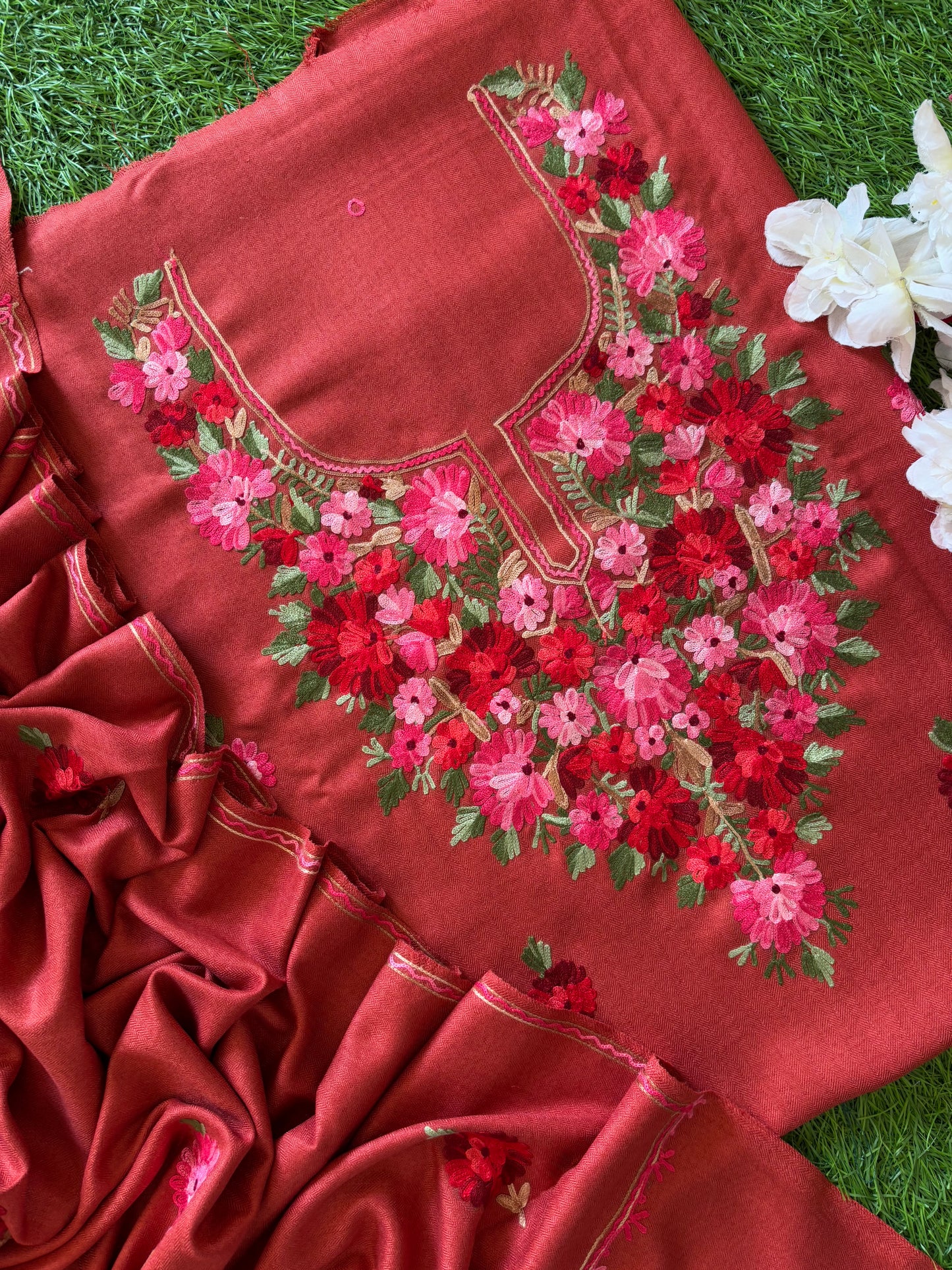 Carrot Red Woollen Aari Embroidered 3pc suit