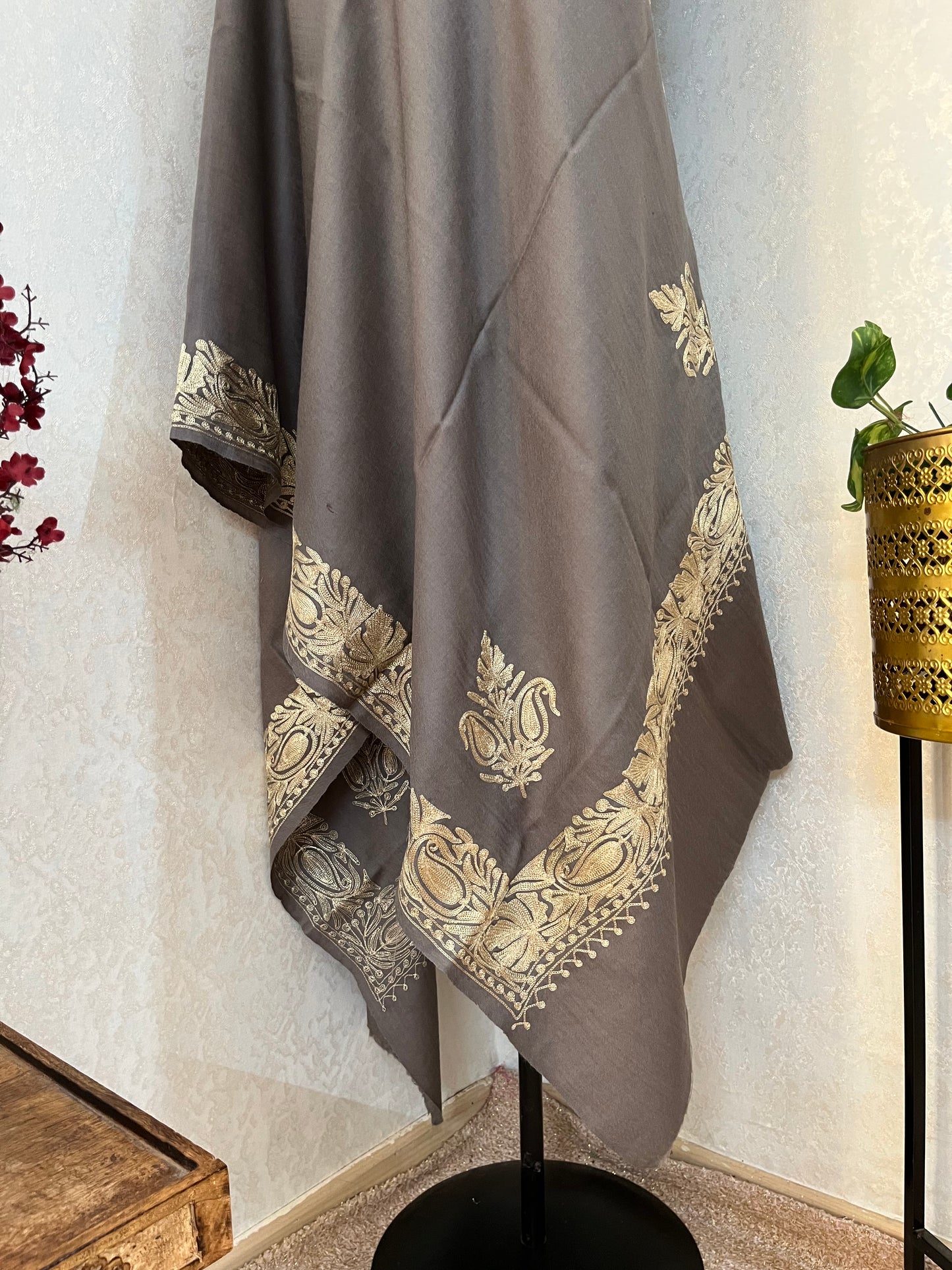 Grey Semi Pashmina Tilla Embroidered stole