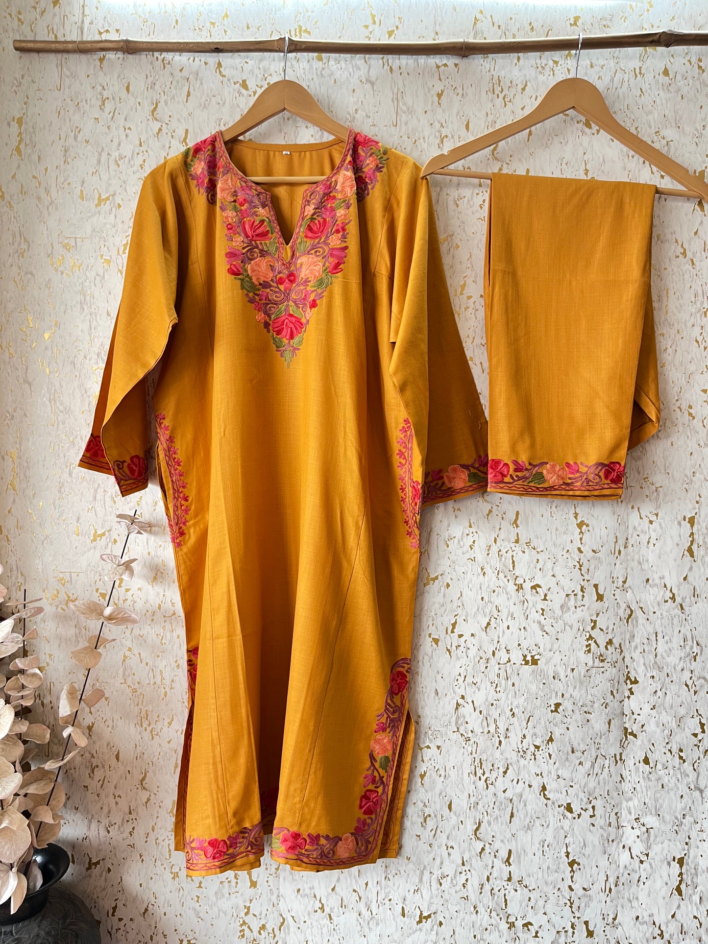 Mustard Yellow Cotton Pheran Set (Free Size)