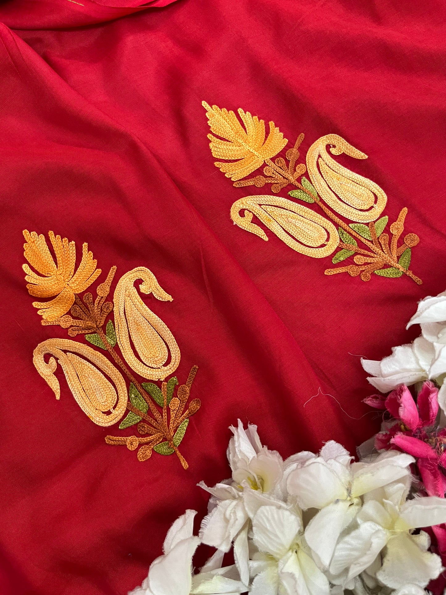 Red Muslin Cotton Jaal Sleeves Kashmiri 3pc Suit