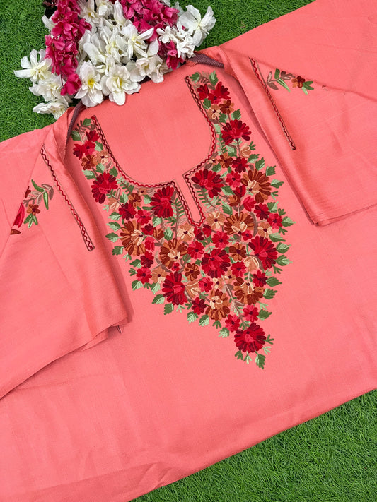 Rose Pink Woollen Aari Embroidered 2pc suit 5mtr