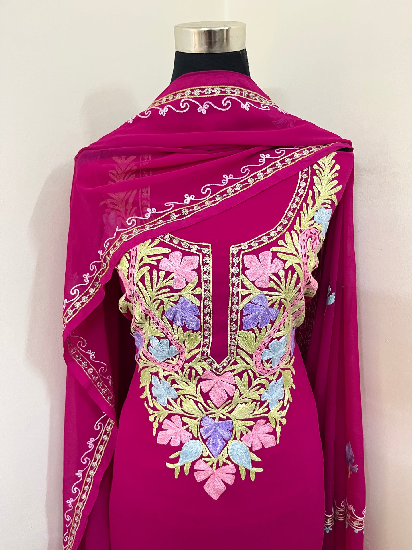 Hot Pink Georgette 3 Pc Aari Embroidered Suit Set