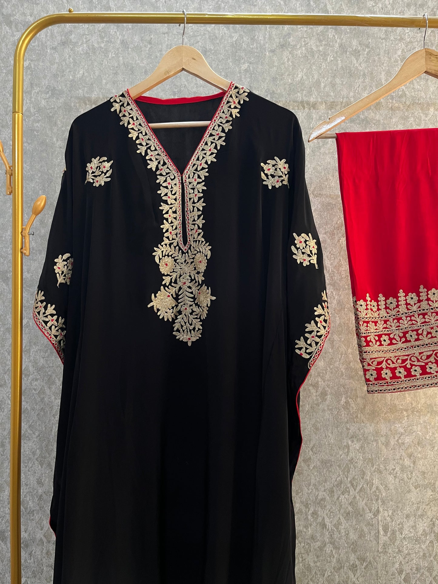 Black Crape Kashmiri Kaftan Set size (44)