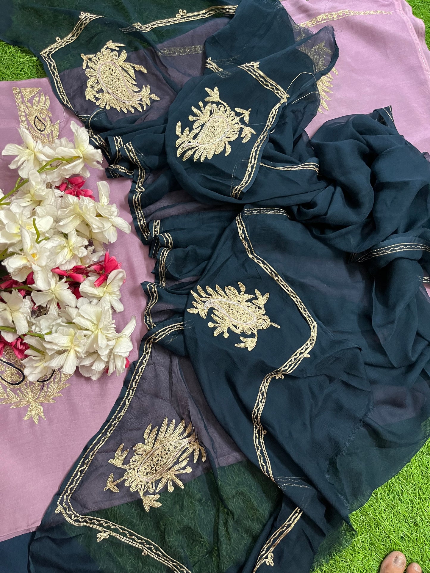 Lilac Silk Aari Tilla Fusion Suit
