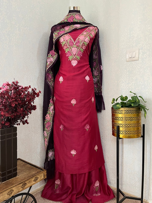 Carrot Pink Chanderi Silk Kashmiri Suit