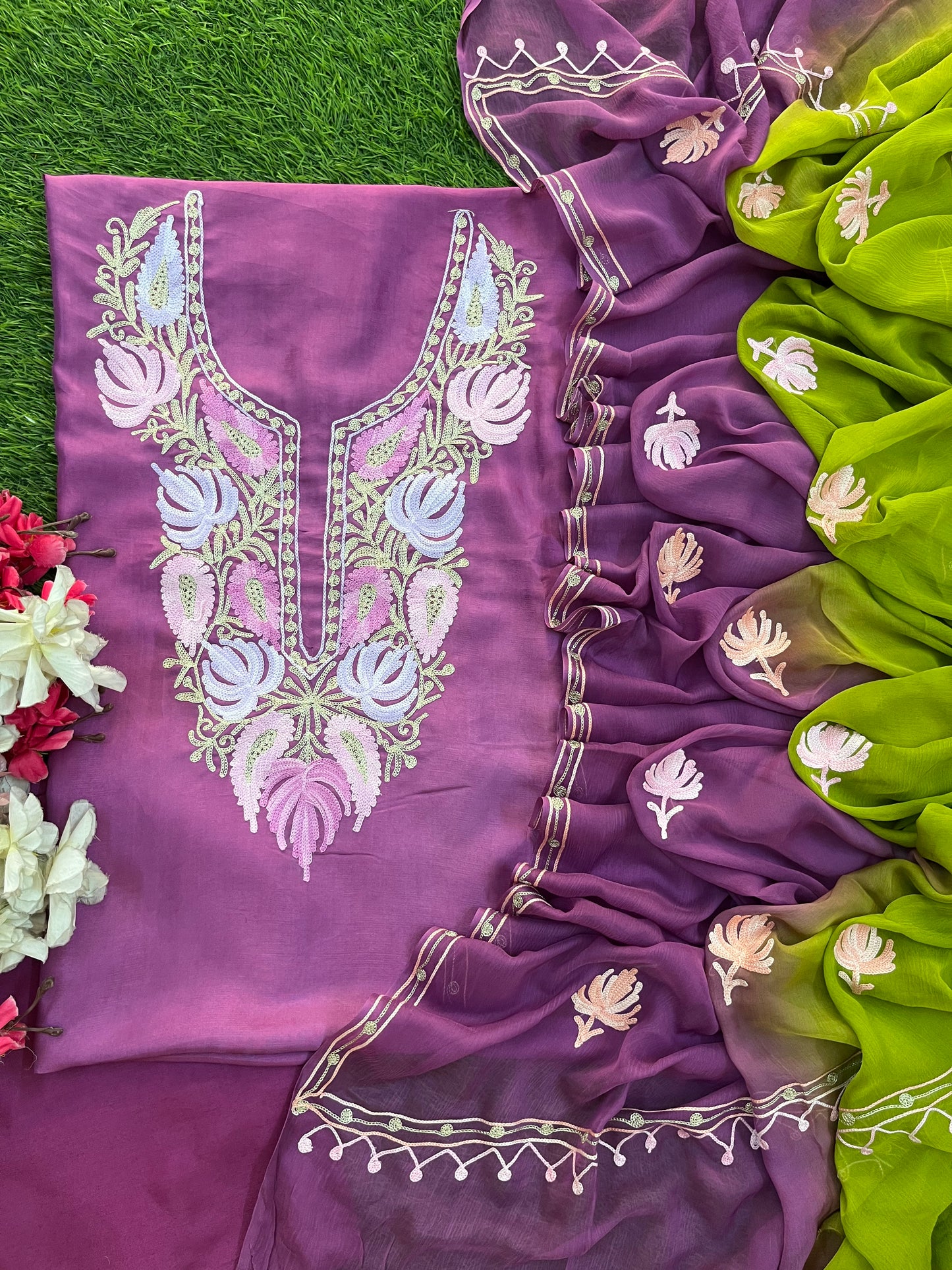 Soft Purple Opada Silk Kashmiri Suit