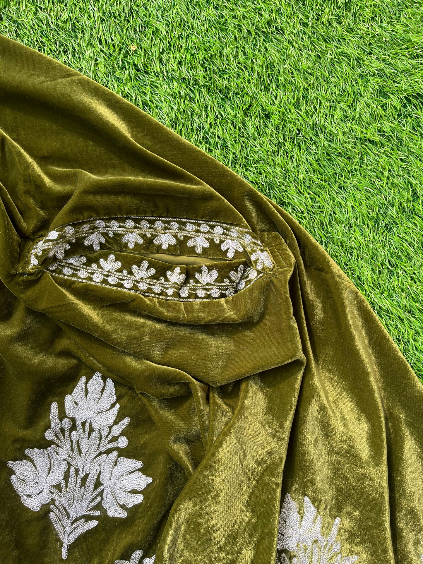 Henna Green Tilla Embroidered Velvet Cape