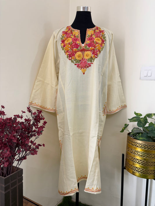 Cream Aari Embroidered Wool Pheran