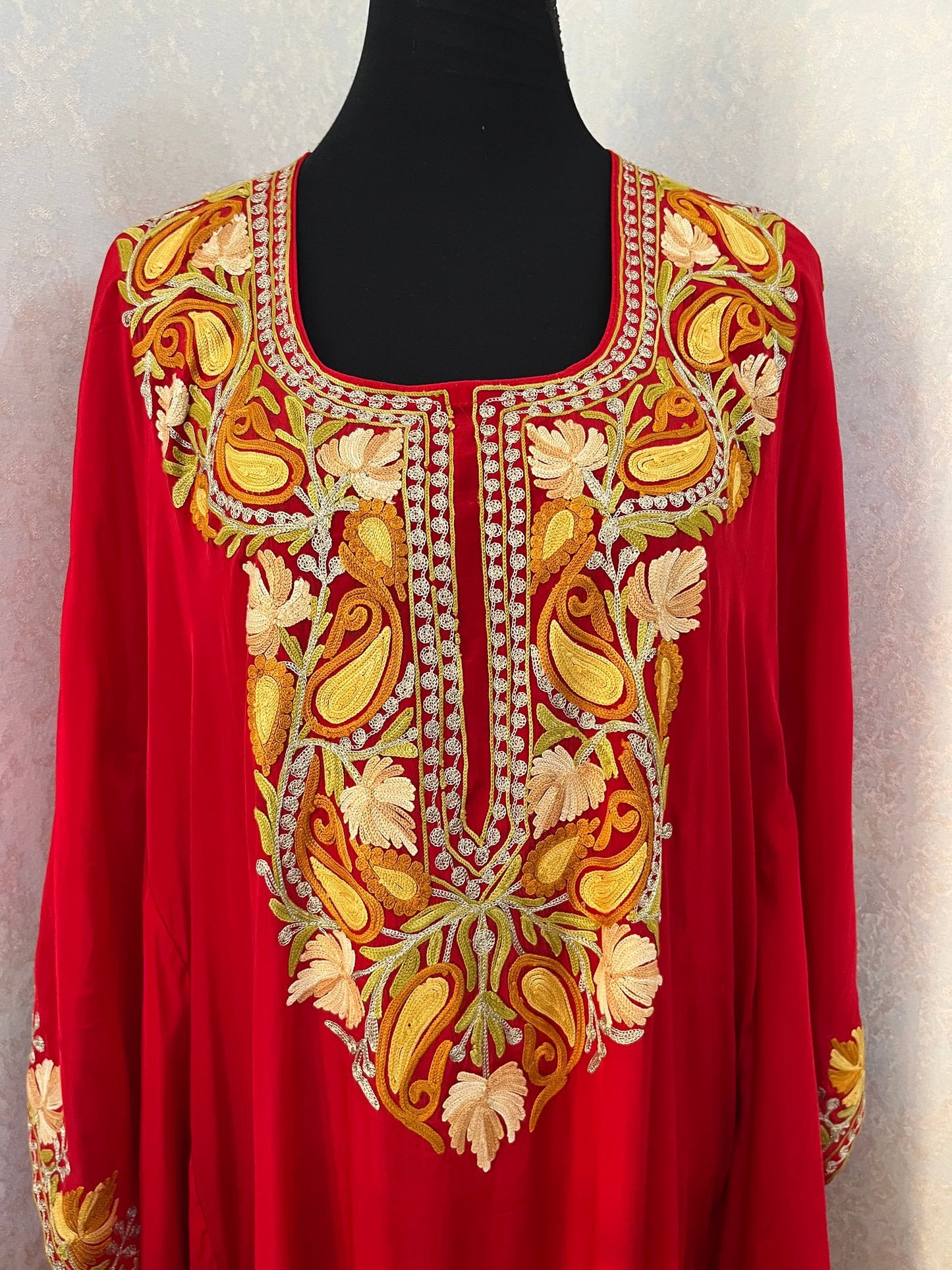Red Pure Crape Kashmiri Kaftan