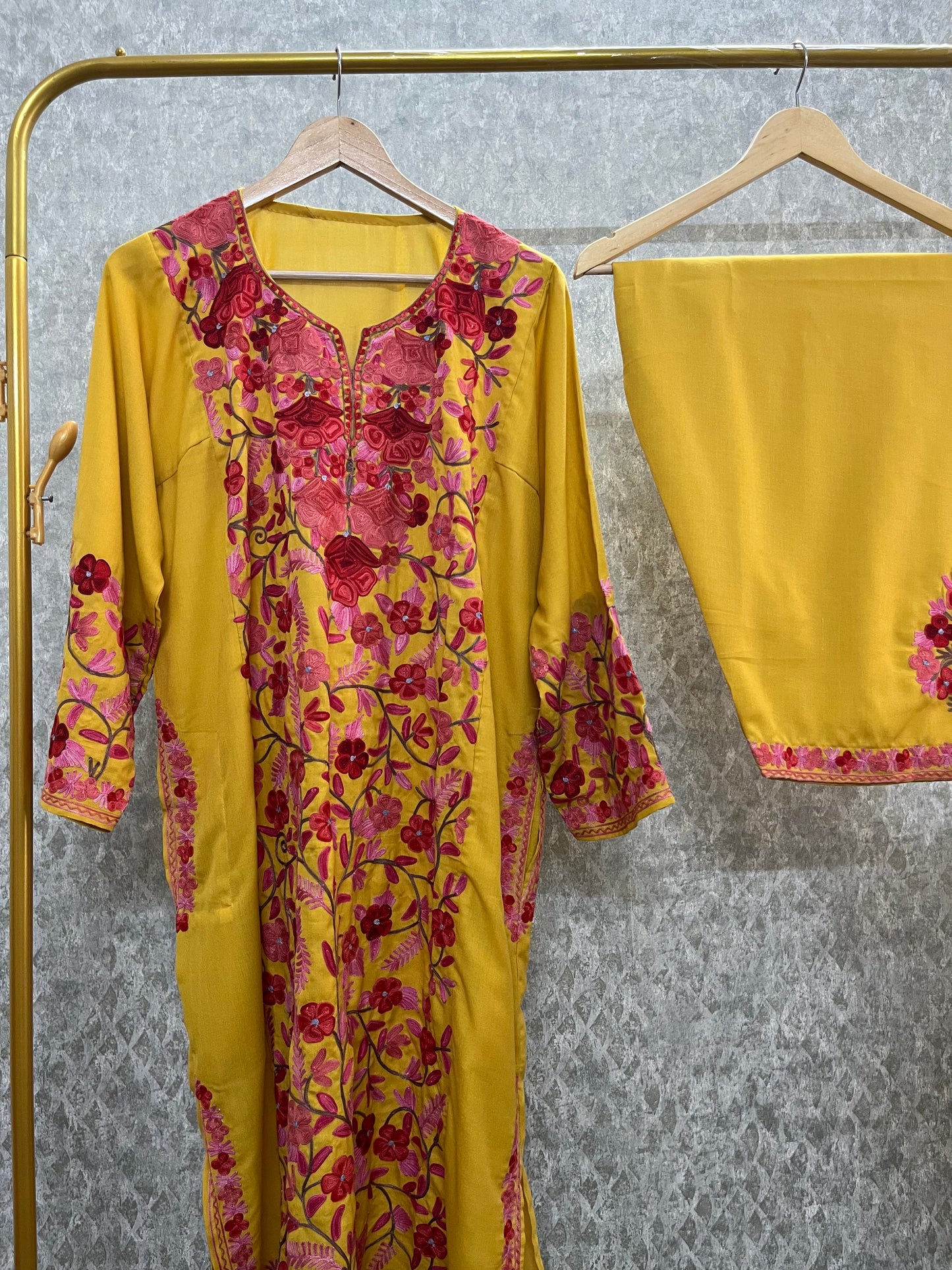 Yellow Cotton Front Jaal Pheran Set Size (46)