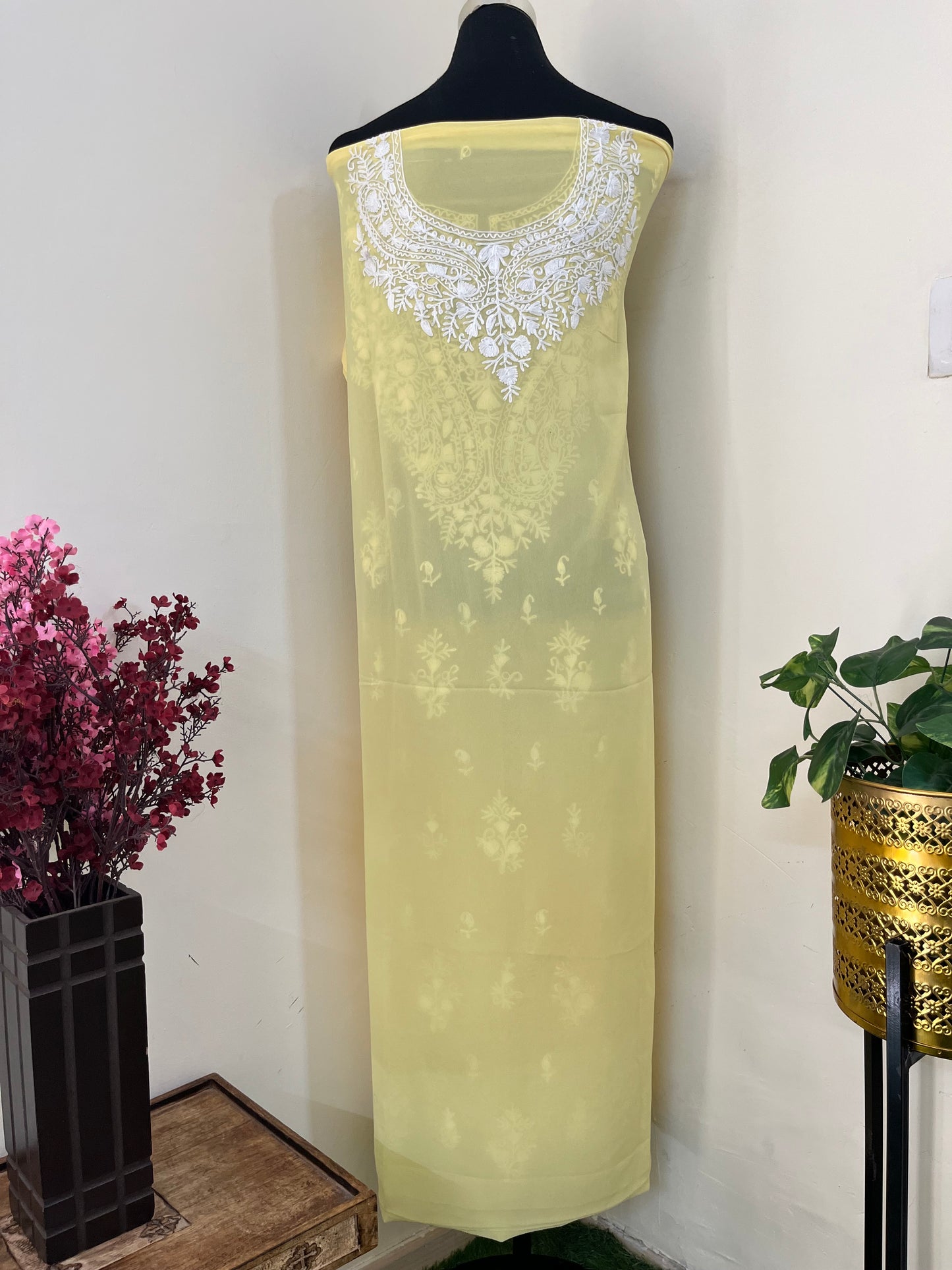 Lemon Yellow Georgette Kashmiri Unstitched Kurta Material
