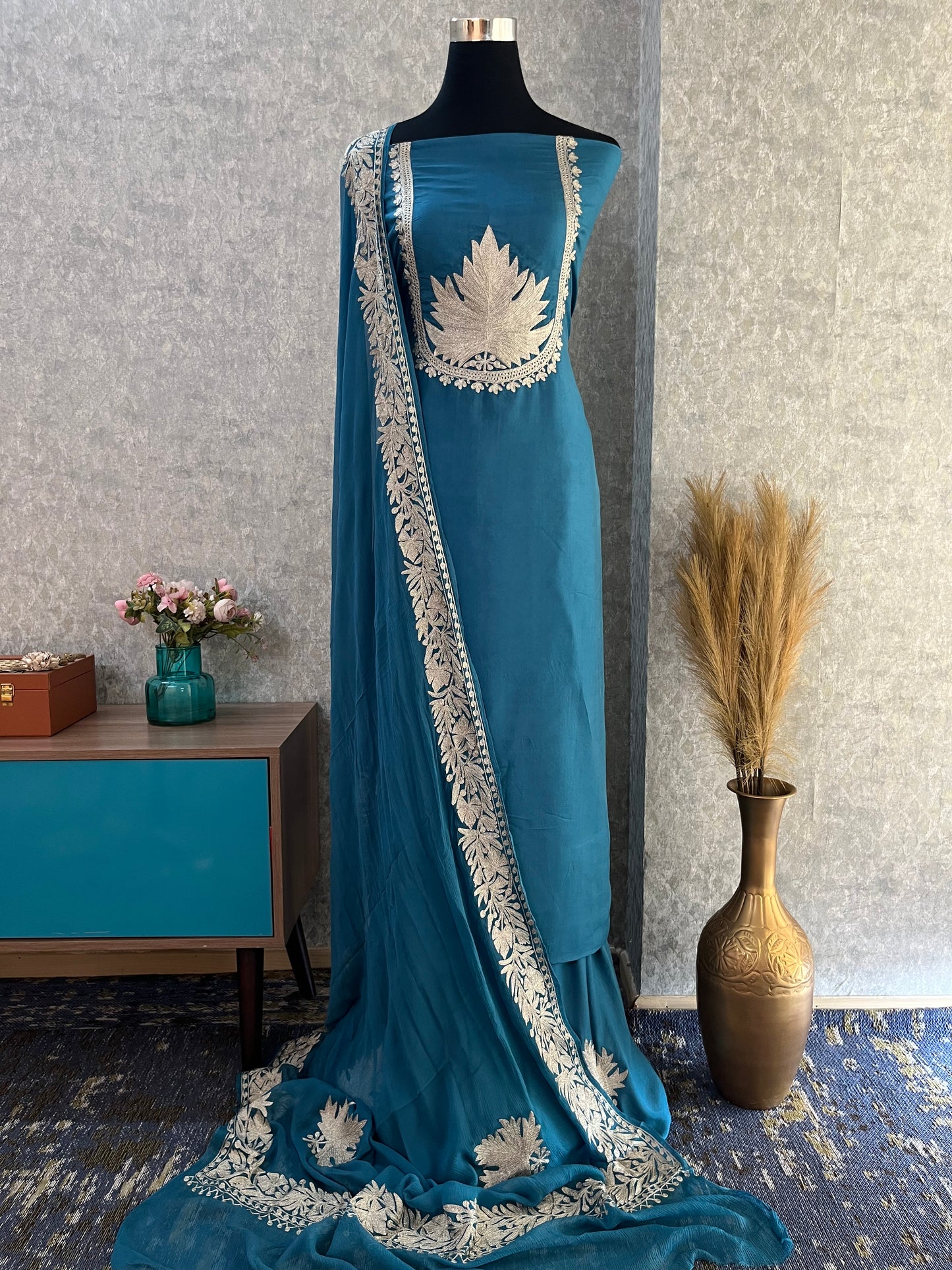 Teal Blue Sanam’ Tilla Kashmiri Silk Suit