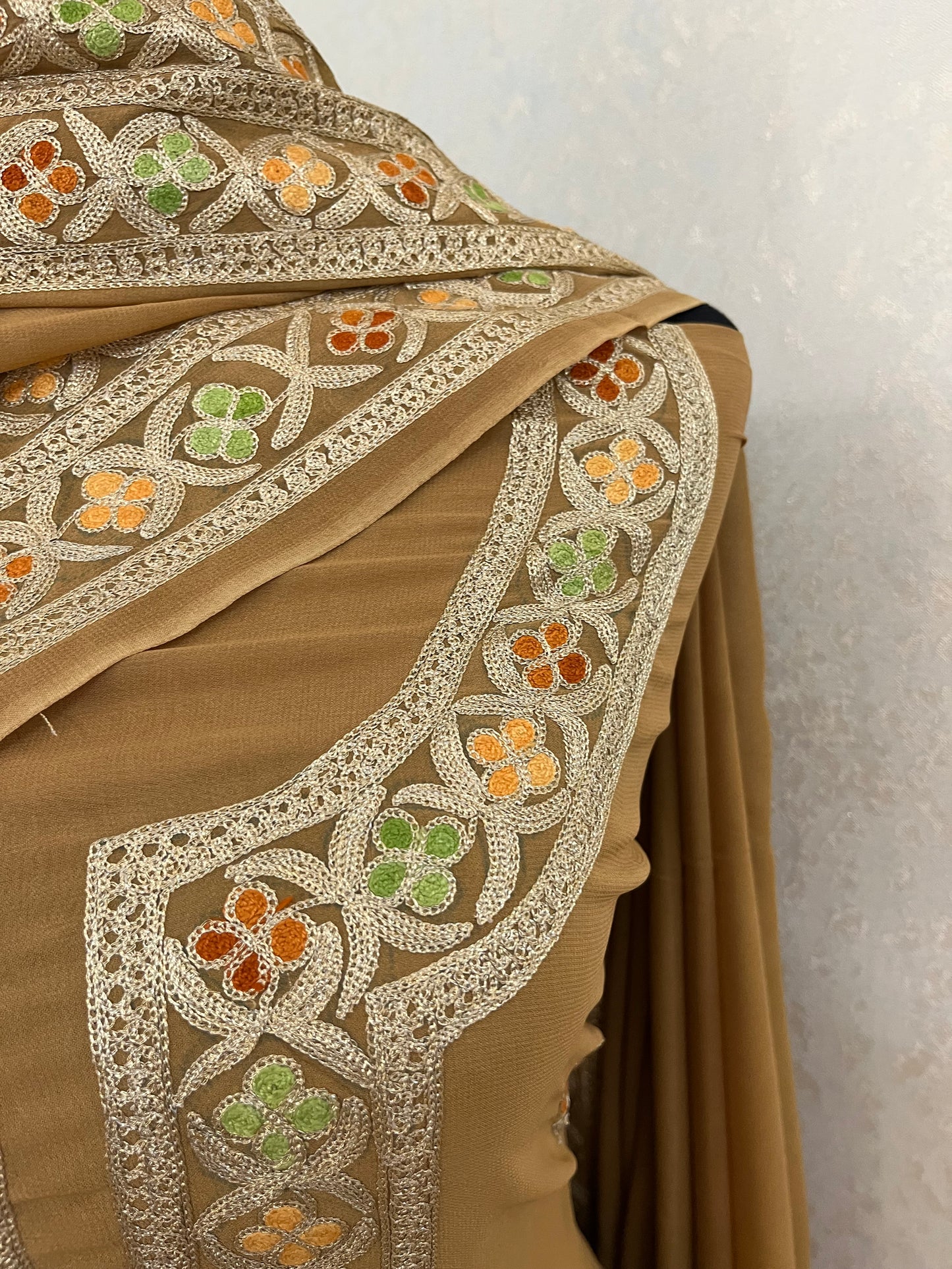 Golden Pure Georgette 3Pc Kashmiri Embroidered Suit
