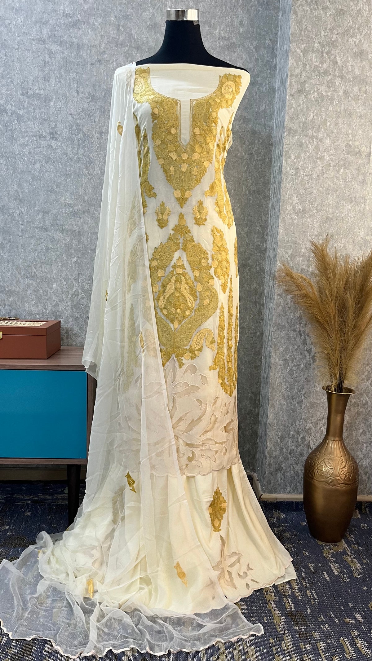 Ivory Pure Organza Cut Work Kashmiri Suit