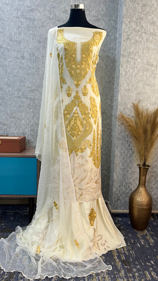 Ivory Pure Organza Cut Work Kashmiri Suit