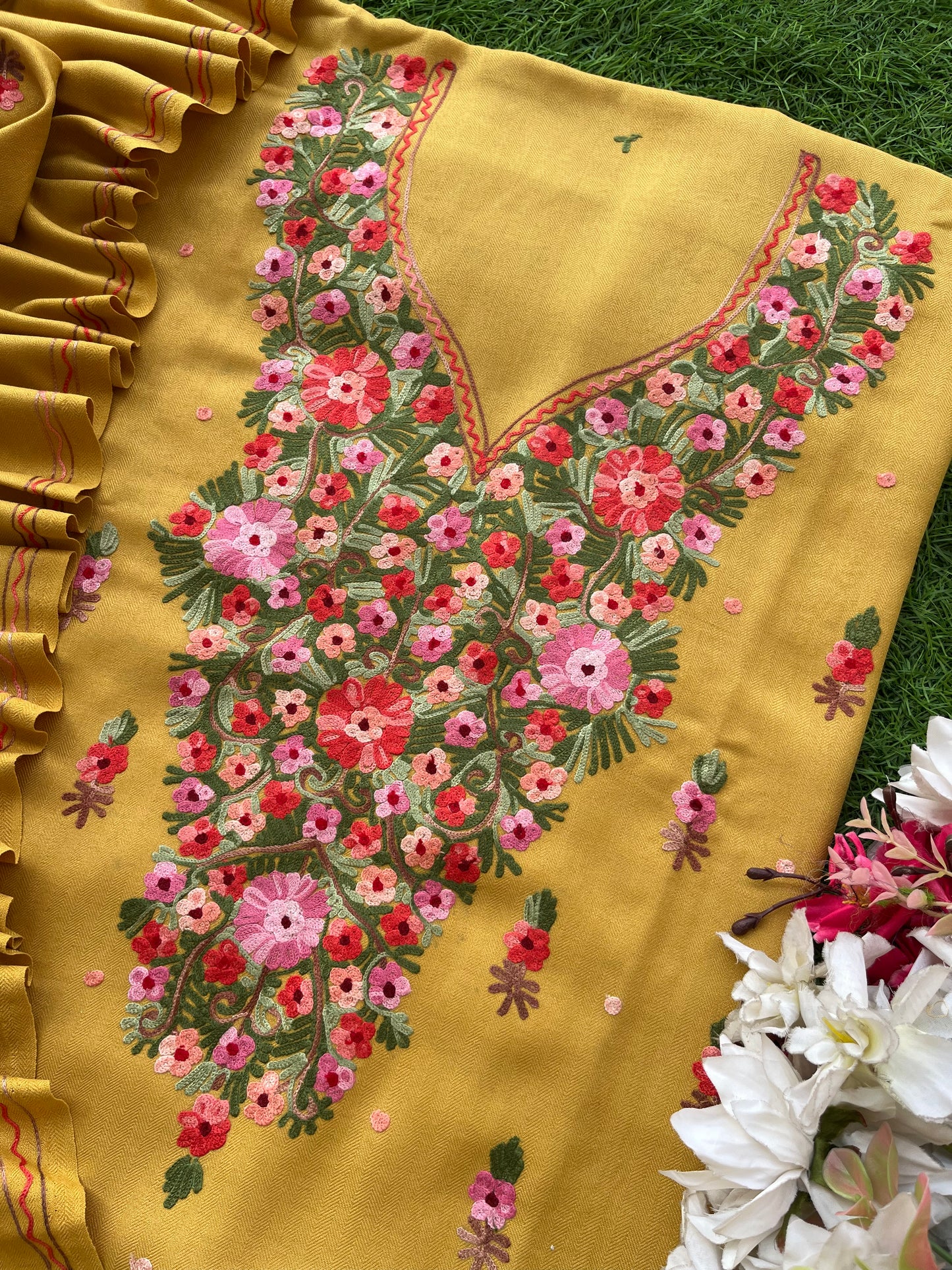 Yellow Woollen Aari Embroidered 3pc suit
