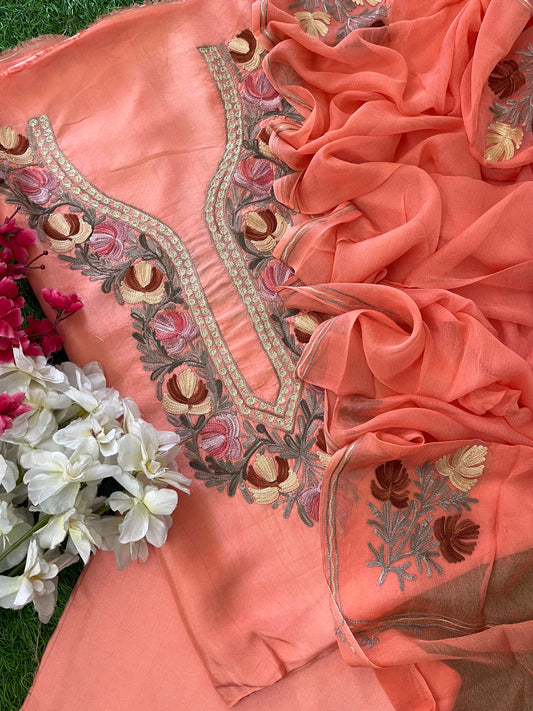 Peach Opada Silk Aari Embroidered Suit material