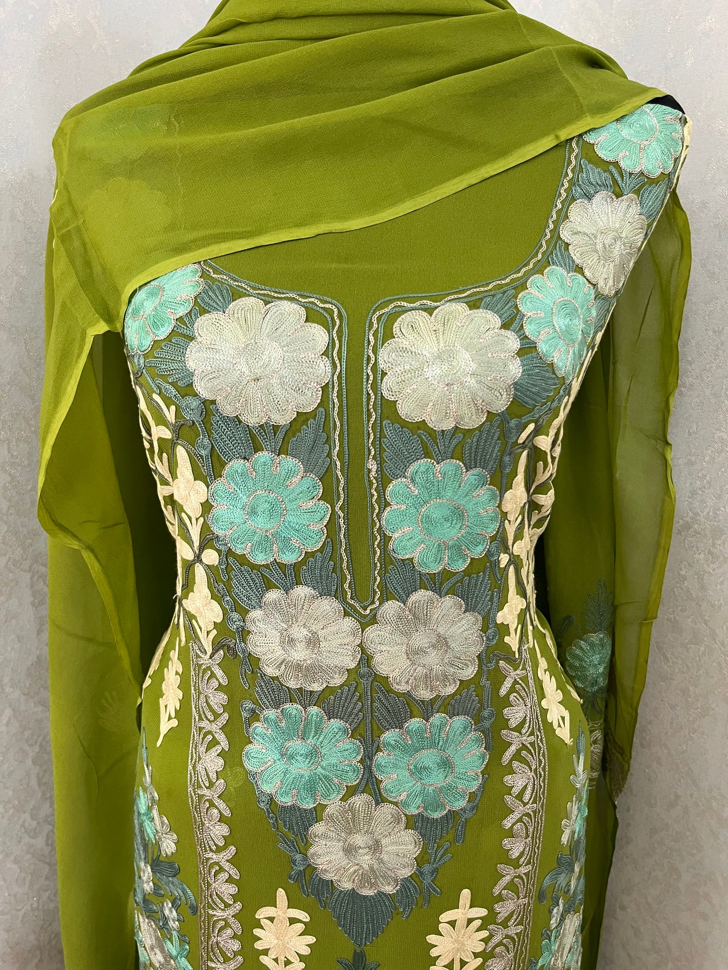 Henna Green Pure Georgette 3 Pc Heavy Kashmiri Suit