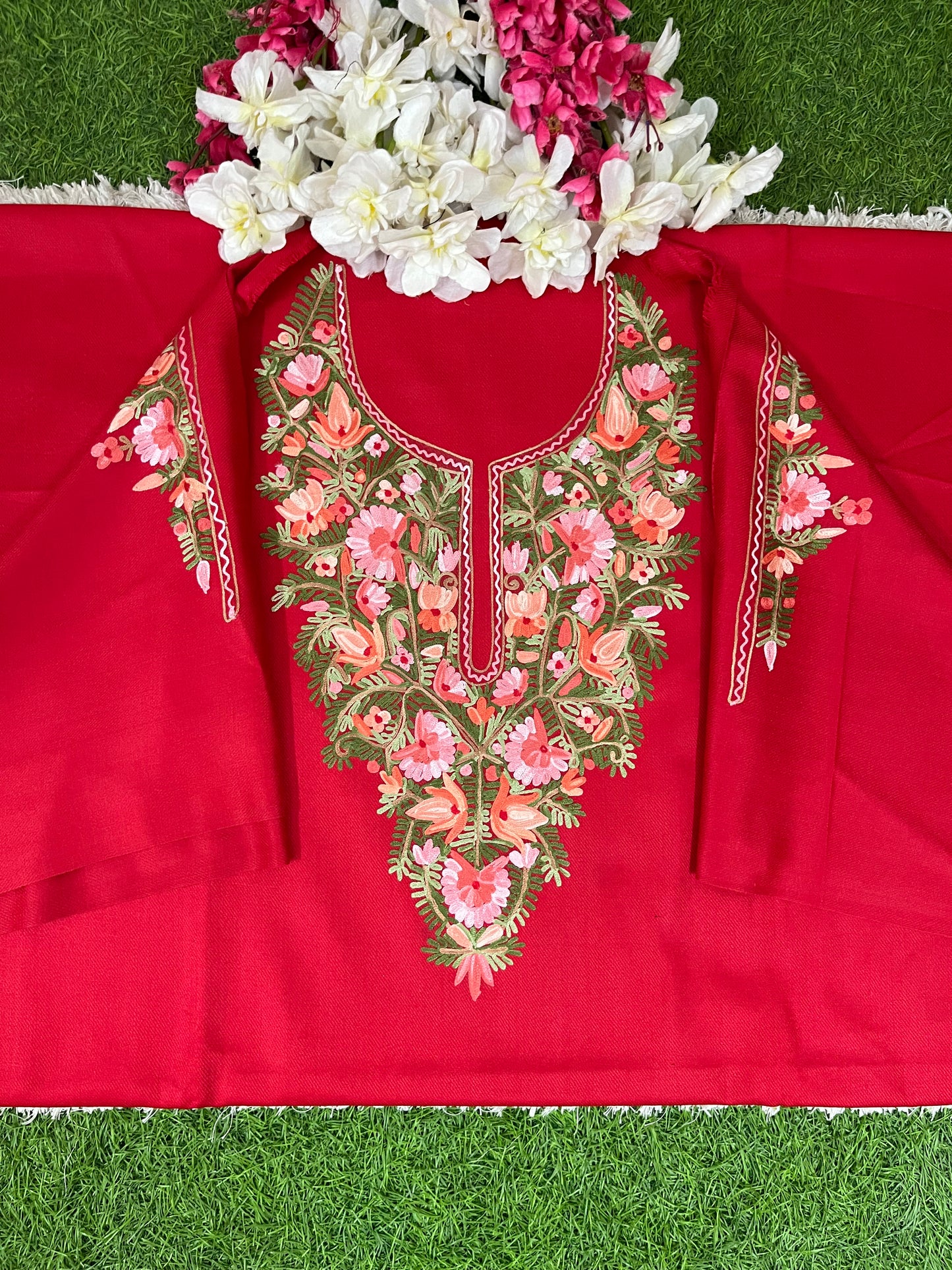 Red Woollen Aari Embroidered 2pc suit 5mtr