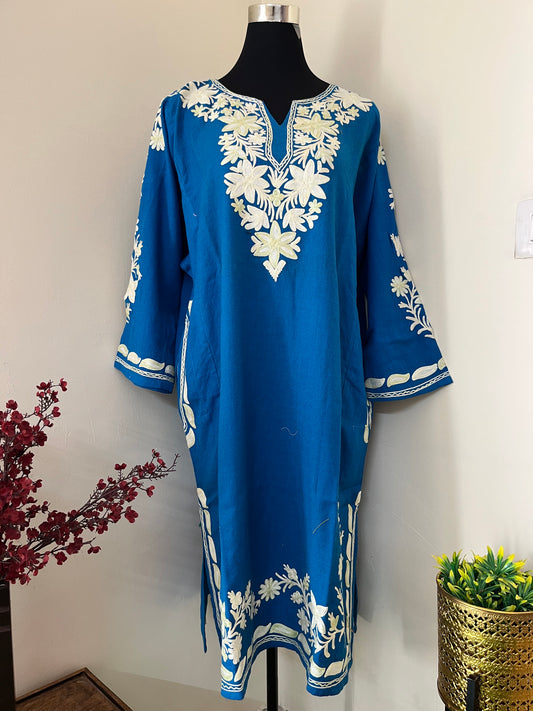 Peacock Blue Aari Embroidered Wool Pheran