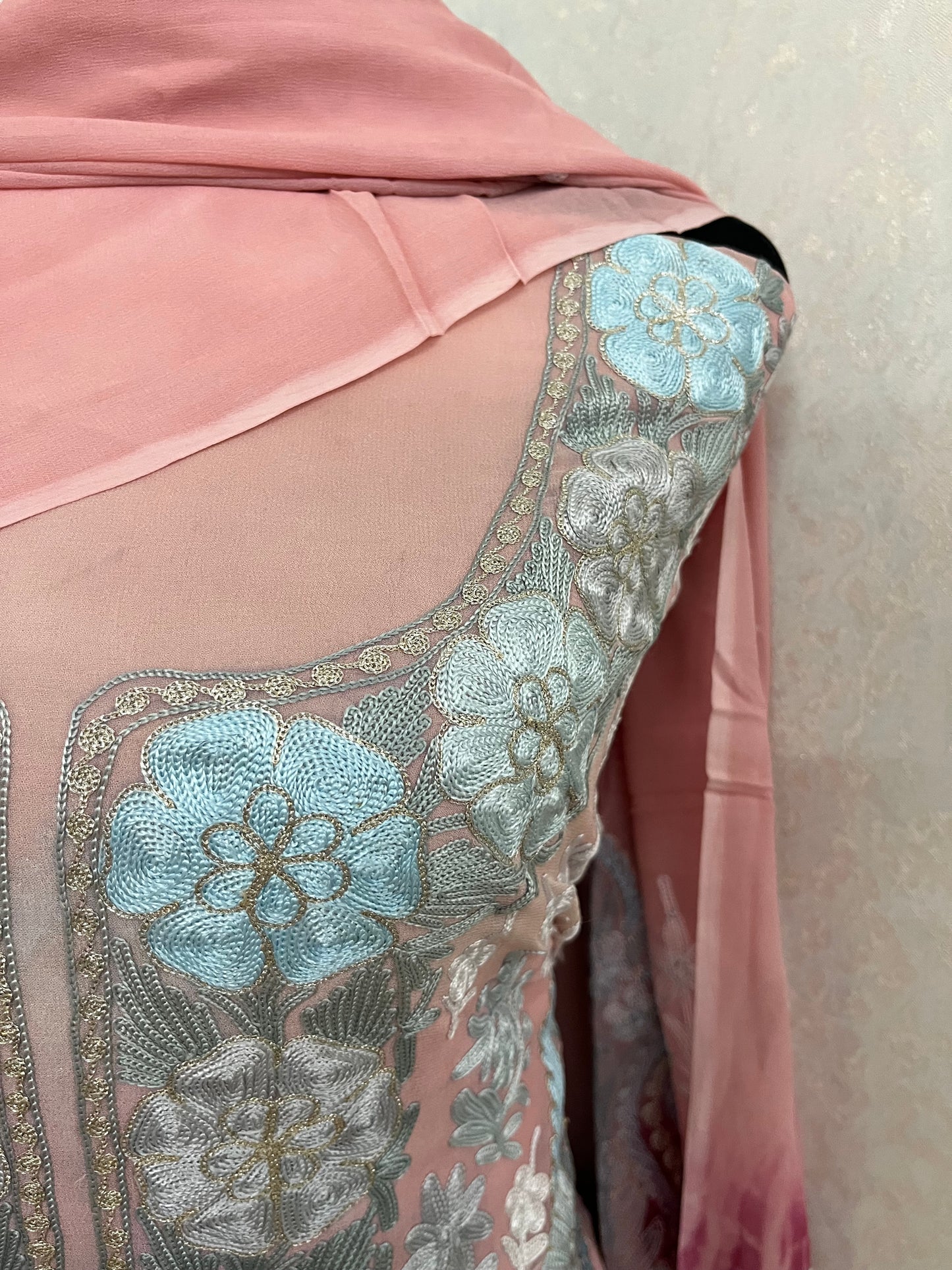 Soft Pink Pure Georgette 3 Pc Aari Embroidered Suit
