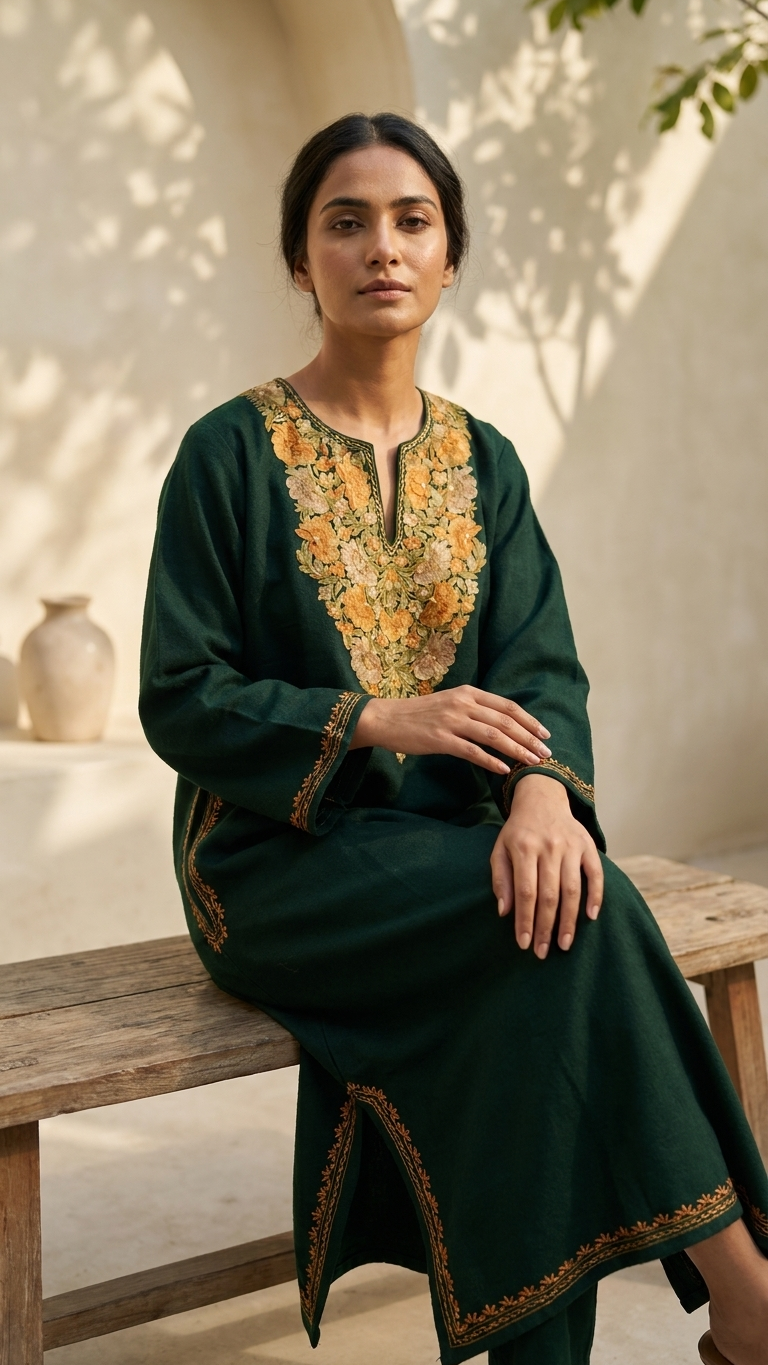 Green Aari Embroidered Wool Pheran