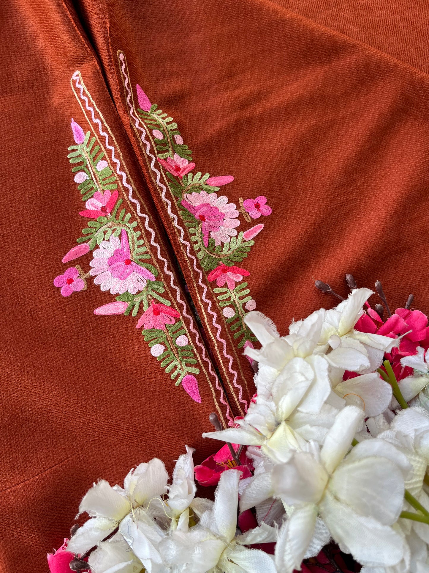 Rust Orange Woollen Aari Embroidered 2pc suit 5mtr