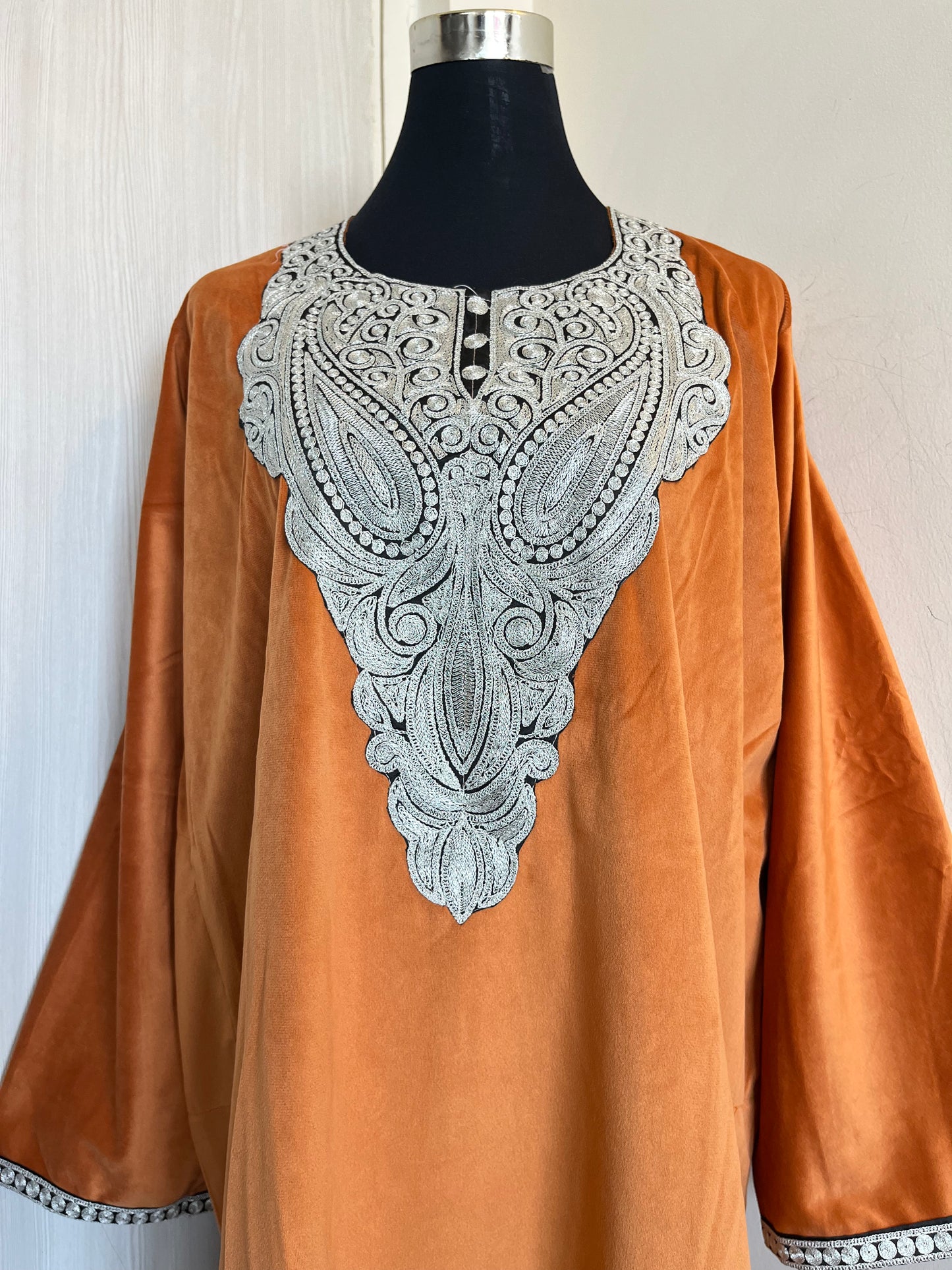 Orange Aari Embroidered 3 pc Velvet Suit Material