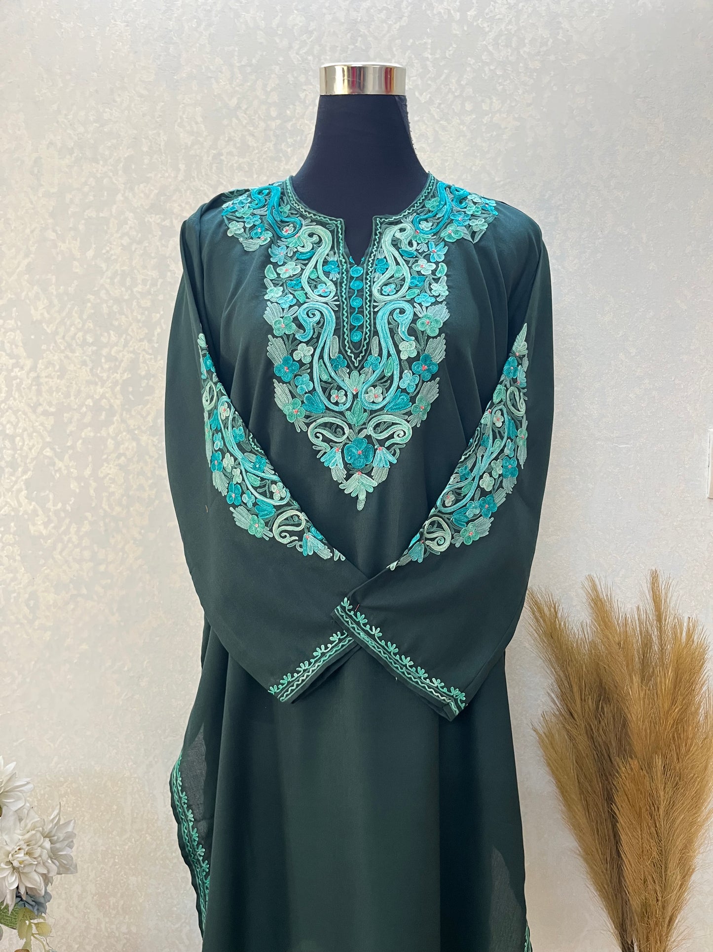 Green Cotton Aari Work Kurta