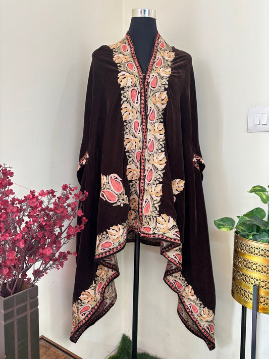 Brown Aari Embroidered Velvet Cape