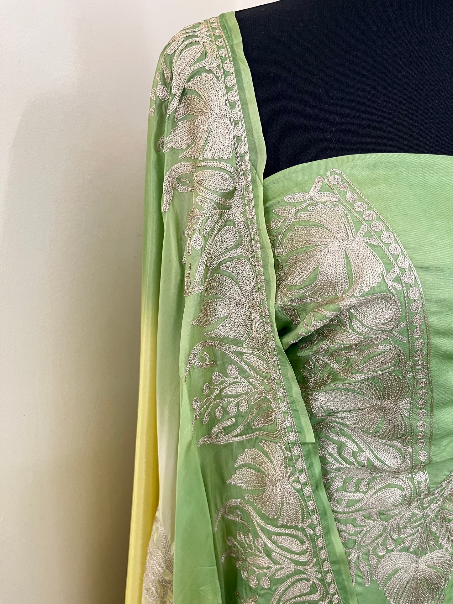 Sanam Pista Green Silk Kashmiri Suit