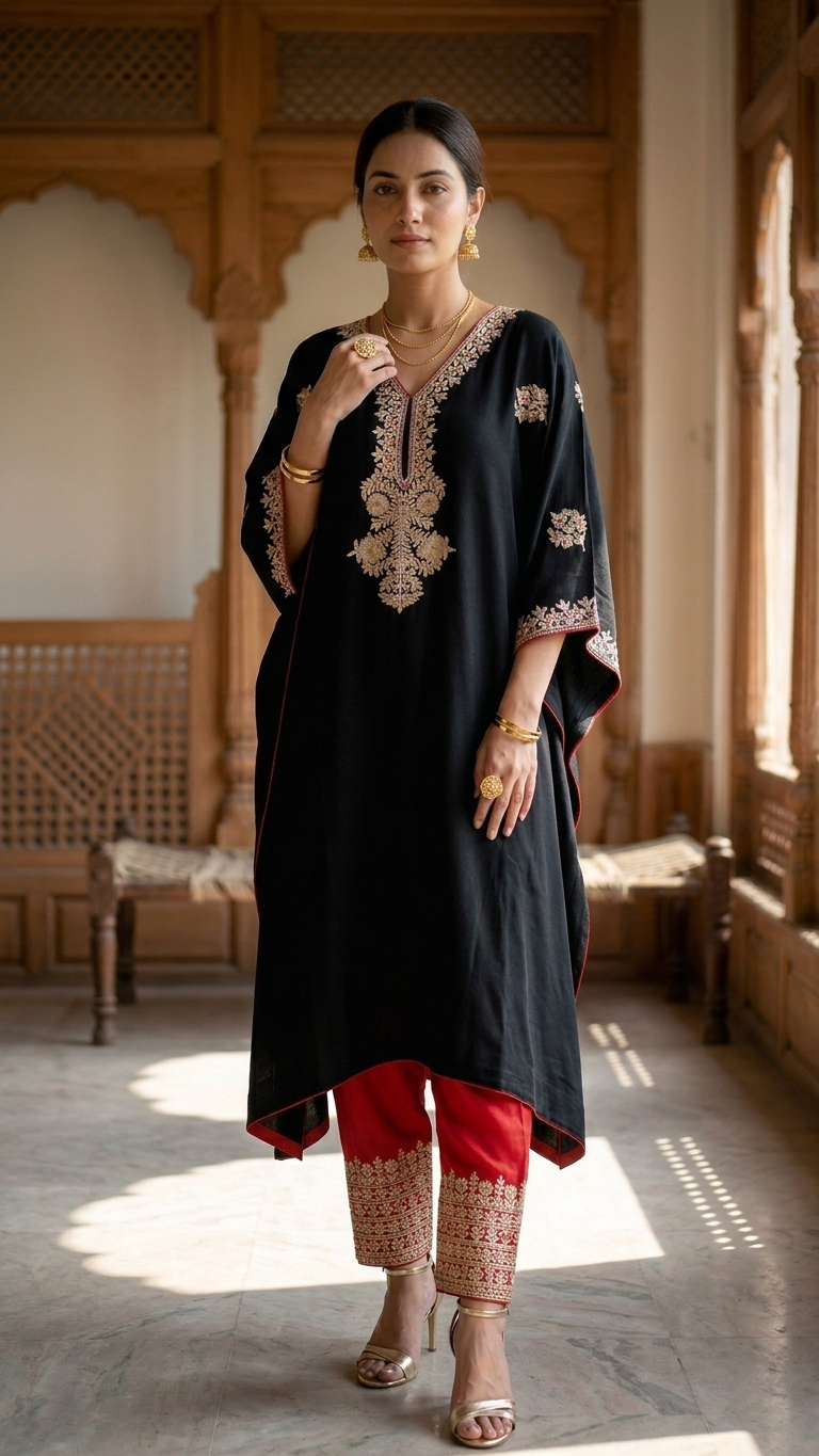 Black Crape Kashmiri Kaftan Set size (44)