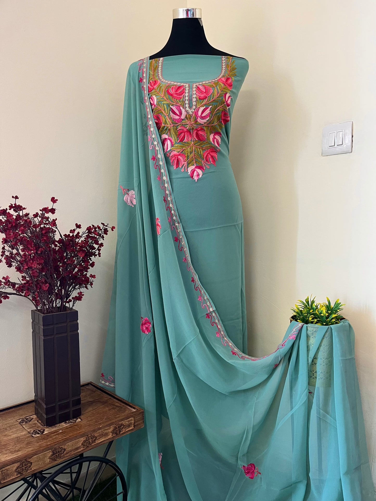 Sea Green Georgette Shirt and Dupatta Aari Embroidered Suit